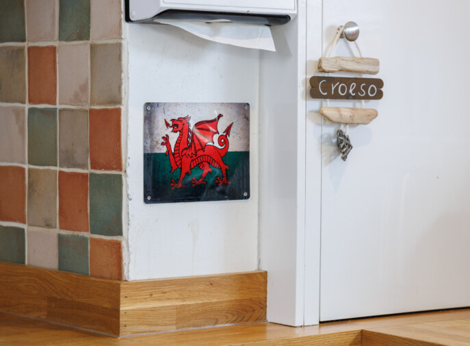 Cegin mewn cartref preswyl i blant gyda'r ddraig goch
Residential children's home kitchen with Welsh dragon